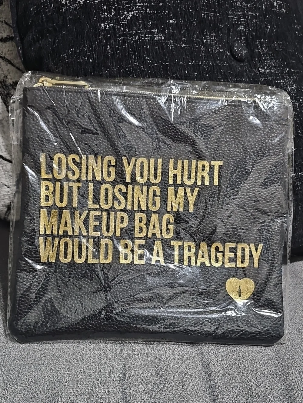NWT Breakups To Makeup Cosmetic Clutch Bag Black Gold Zip